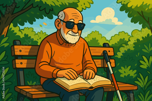 Elderly man reading Braille book on park bench in nature  