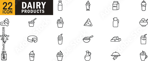 Dairy products outline icon set. Includes milk, cheese, yogurt, butter, cream, and other dairy-based food and beverage illustrations.