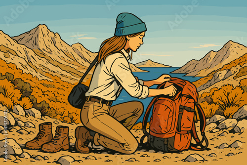 Young woman preparing for adventure in mountains  