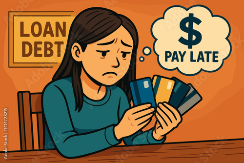 Worried woman contemplating credit card debt at a table  