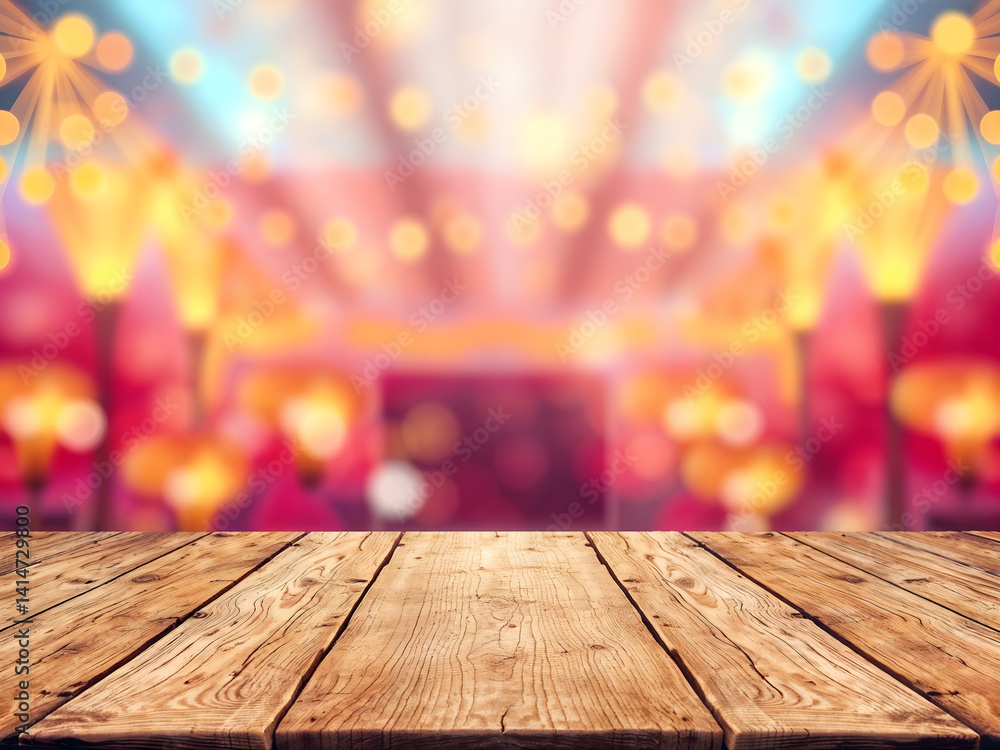 Wooden planks with soft glowing lights in background, perfect for display. Generative AI