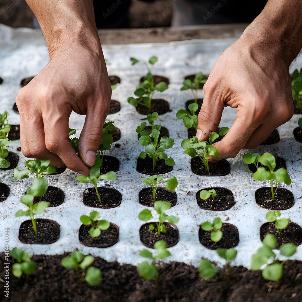 gardener hands planting young seedlings into rich soil, neatly arranged on white background to showcase care, process, and early stages of organic home farming.