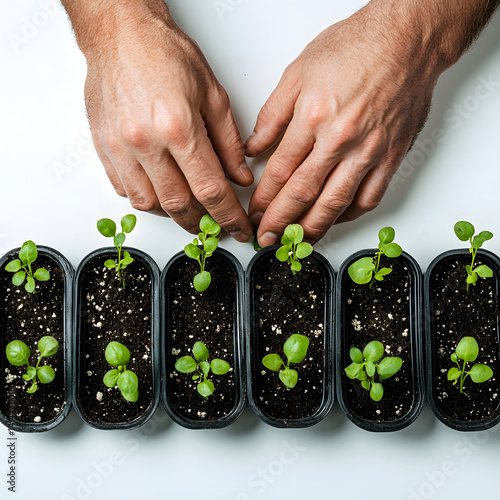 gardener hands planting young seedlings into rich soil, neatly arranged on white background to showcase care, process, and early stages of organic home farming.
