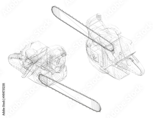 Two drawings of a chainsaw with a chain. The chainsaw is shown in two different positions. Isometric view. 3D