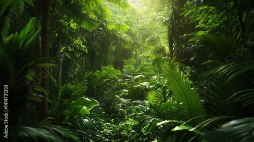 Lush tropical rainforest canopy with vibrant greenery bathed in sunlight
