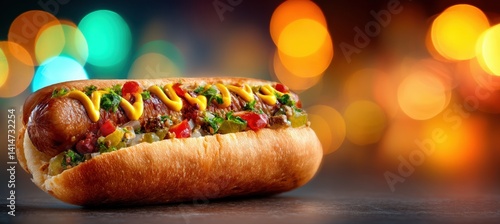 Delicious hot dog with bold toppings on light gray background