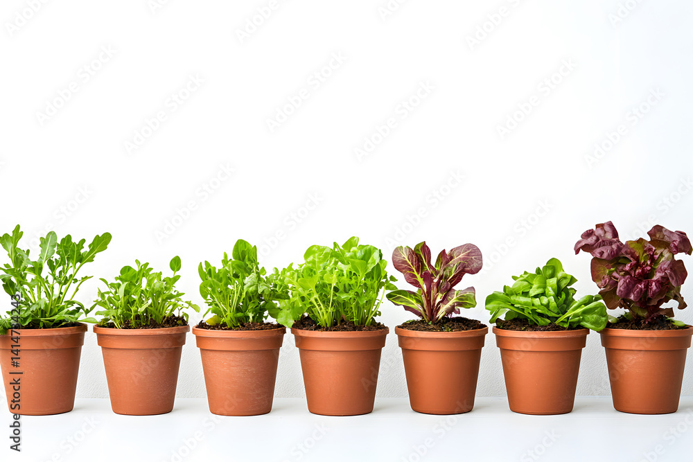 Carefully spaced pots with individual vegetable plants growing in fresh soil, captured on clean white background to illustrate indoor gardening, urban farming, and sustainable home food cultivation.