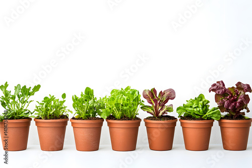 Obraz na płótnie Carefully spaced pots with individual vegetable plants growing in fresh soil, captured on clean white background to illustrate indoor gardening, urban farming, and sustainable home food cultivation. w salonie