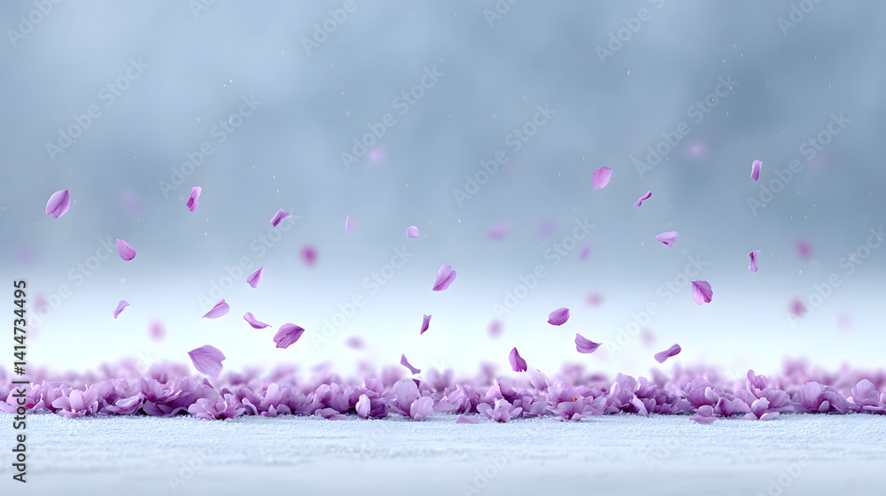 Vibrant pink sakura petals floating in the air above a serene landscape, capturing the beauty of spring and the delicate nature of cherry blossoms.