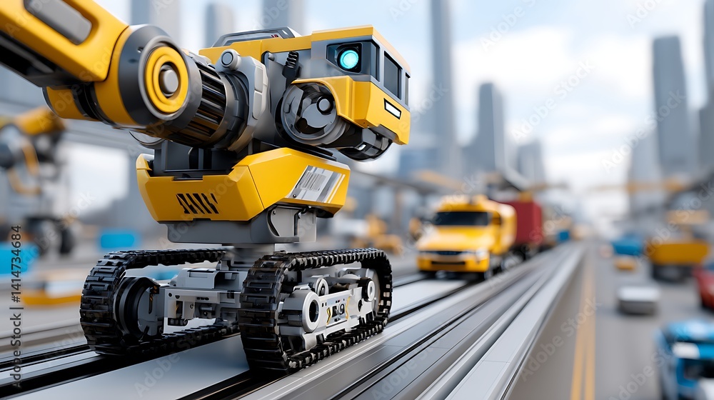 Fototapeta premium Futuristic Yellow Robotic Arm on Tracks in Cityscape Automated Industrial Technology