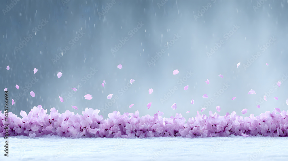 Vibrant pink sakura petals floating in the air above a serene landscape, capturing the beauty of spring and the delicate nature of cherry blossoms.