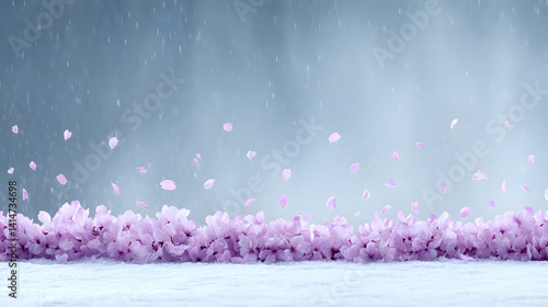 Obraz na płótnie Vibrant pink sakura petals floating in the air above a serene landscape, capturing the beauty of spring and the delicate nature of cherry blossoms.
w salonie