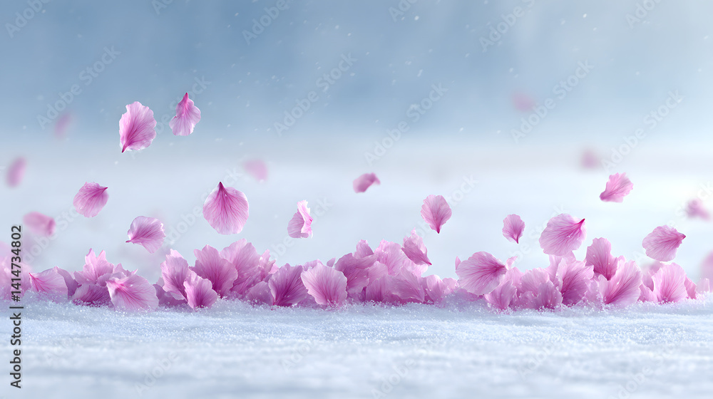 Vibrant pink sakura petals floating in the air above a serene landscape, capturing the beauty of spring and the delicate nature of cherry blossoms.