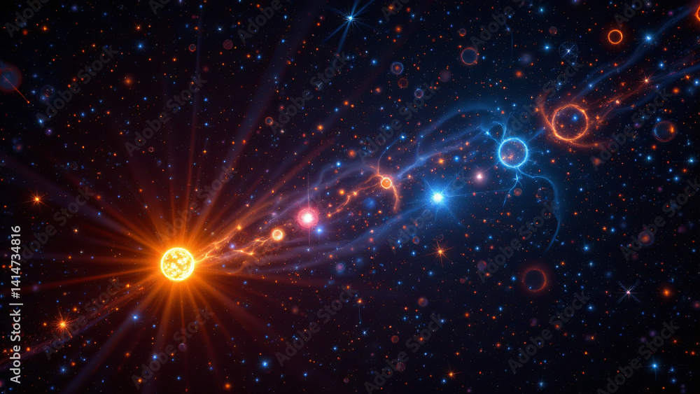 Naklejka premium Brilliant points of light, each a distant sun, pepper the cosmic canvas. They vary in intensity and color, some burning with a fiery blue white, others glowing with a mellow, reddish hue.