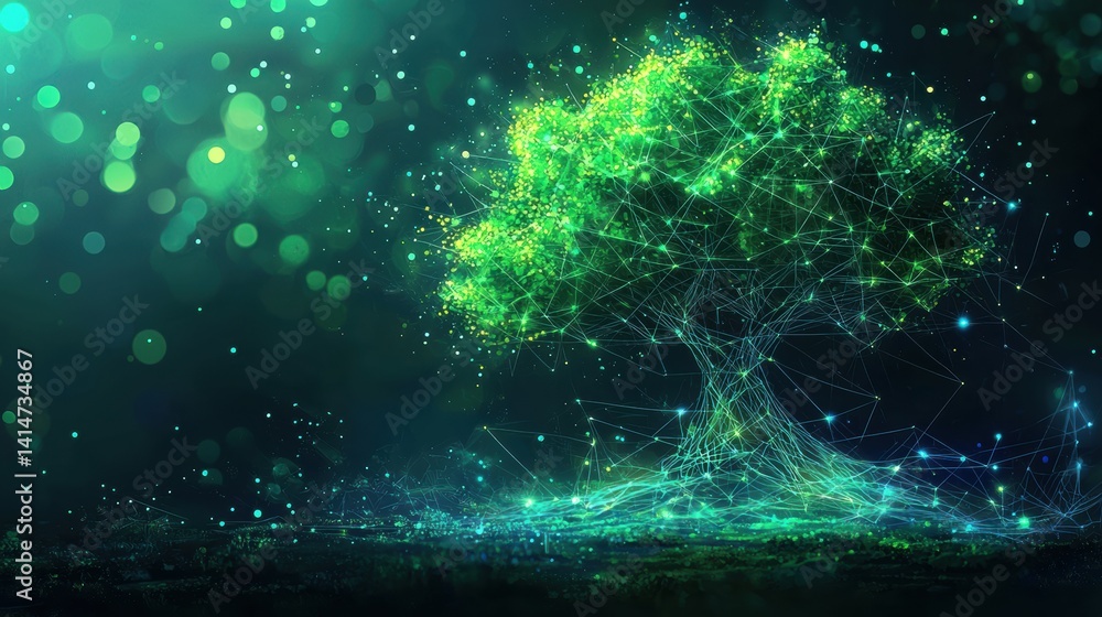 Glowing green tree with network connections in dark autumn background