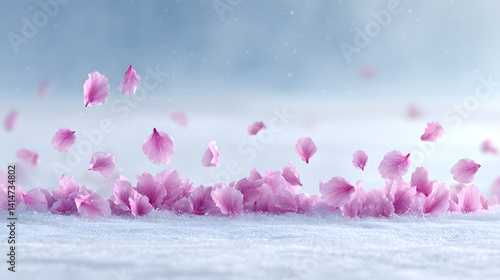 Vibrant pink sakura petals floating in the air above a serene landscape, capturing the beauty of spring and the delicate nature of cherry blossoms.
