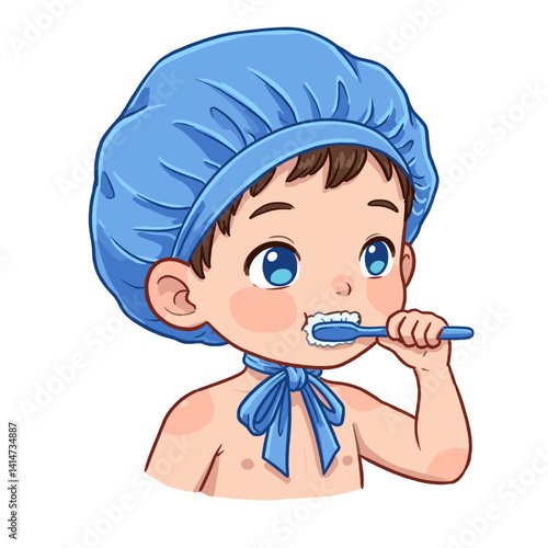 Boy in a blue bonnet brushing teeth happily  