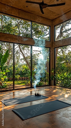 Yoga room with smoke, mats, large windows, and lush greenery