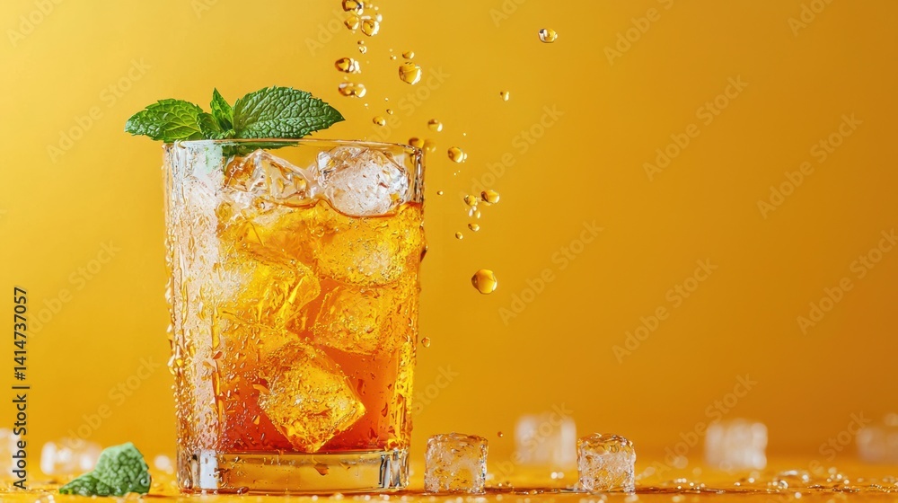 Amber iced tea poured with fresh mint against vibrant yellow backdrop