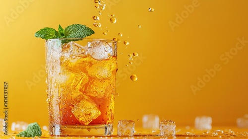 Obraz na płótnie Amber iced tea poured with fresh mint against vibrant yellow backdrop w salonie