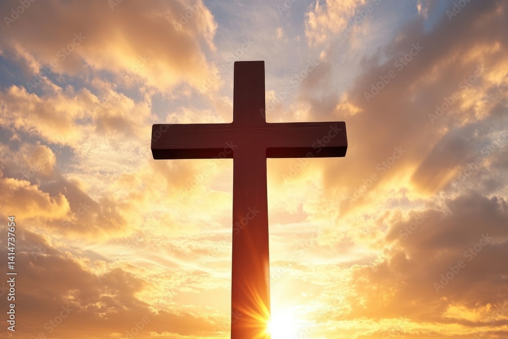 Serene wooden cross silhouette against a vibrant sunset sky with soft clouds and golden light creating a peaceful and hopeful atmosphere Serene wooden cross silhouette against a vibrant sunset sky with soft clouds and golden light creating a peaceful and hopeful atmosphere
