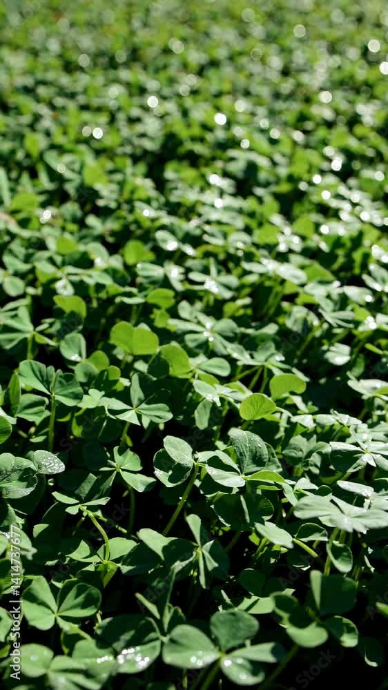 Close-up, low-angle video shot of lush green clover leaves, capturing the vibrant texture and natural beauty of the foliage in sunlight. Close-up, low-angle video shot of lush green clover leaves, capturing the vibrant texture and natural beauty of the foliage in sunlight.