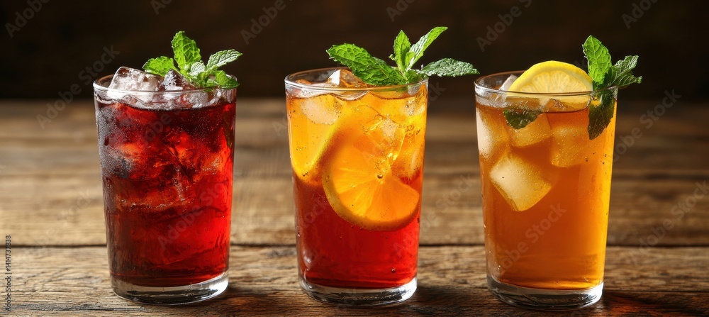 Iced tea trio refreshing in clear glasses with mint and lemon slices
