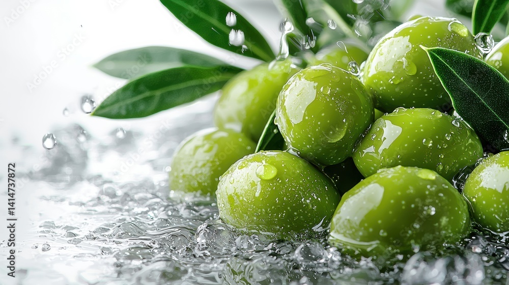 Fresh green olives cascading with water droplets on a white background