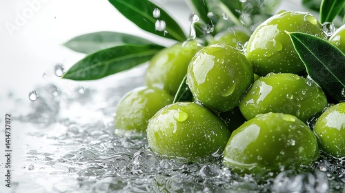 Obraz na płótnie Fresh green olives cascading with water droplets on a white background w salonie