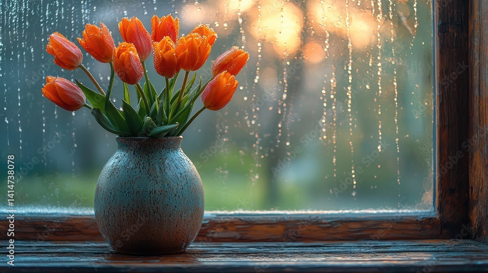 Serene still life orange tulips by a rustic rainy window