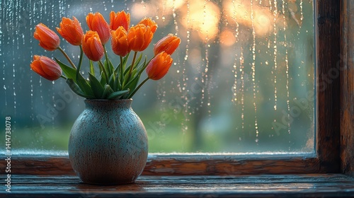 Obraz na płótnie Serene still life orange tulips by a rustic rainy window w salonie