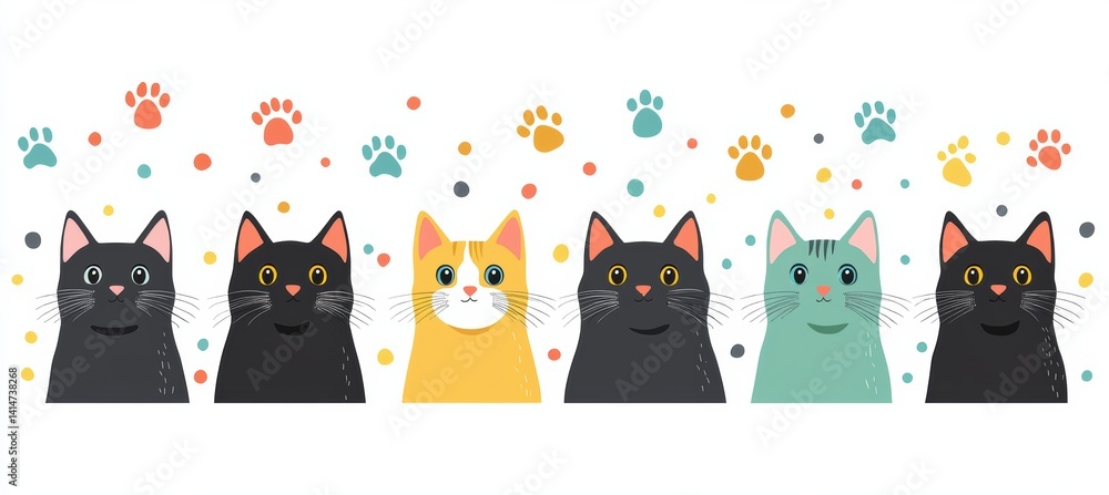 Six colorful cartoon cats playfully posed with paw prints in spring
