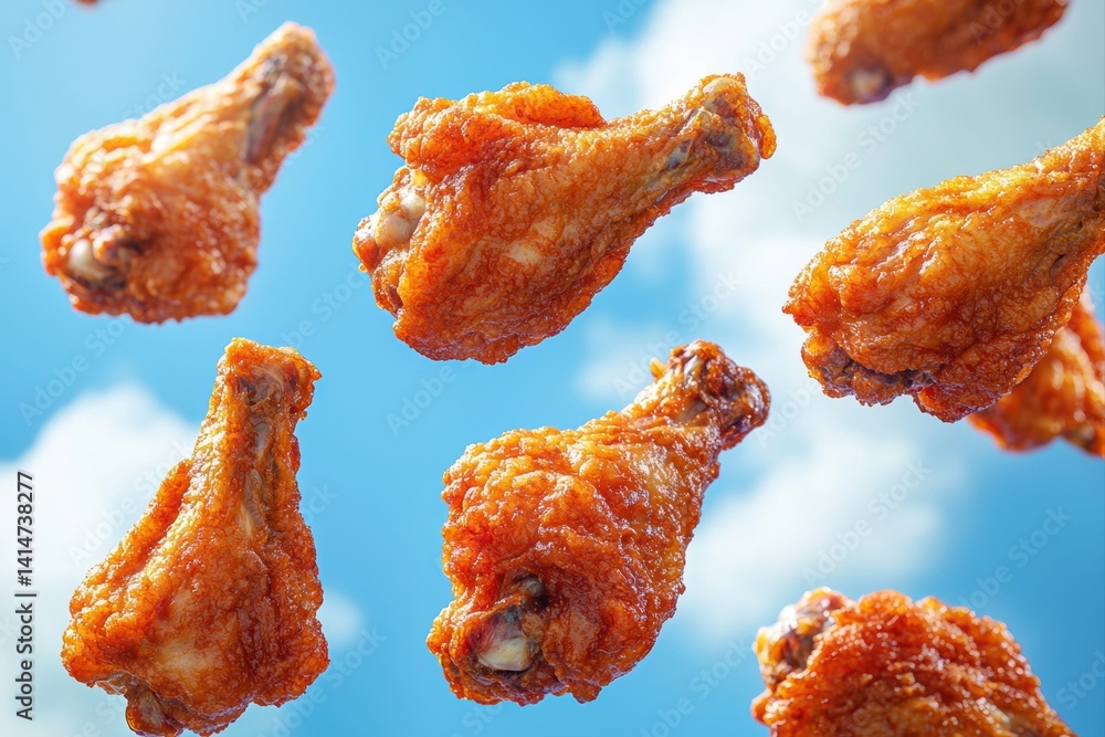 Crispy breaded chicken wings soaring against a vibrant blue sky