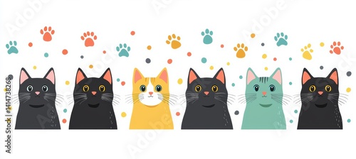 Obraz na płótnie Six colorful cartoon cats playfully posed with paw prints in spring w salonie