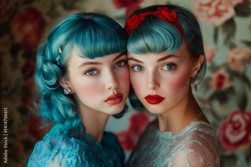 Obraz premium Two models with intense blue hair and matching makeup are posing together for a beauty or fashion campaign