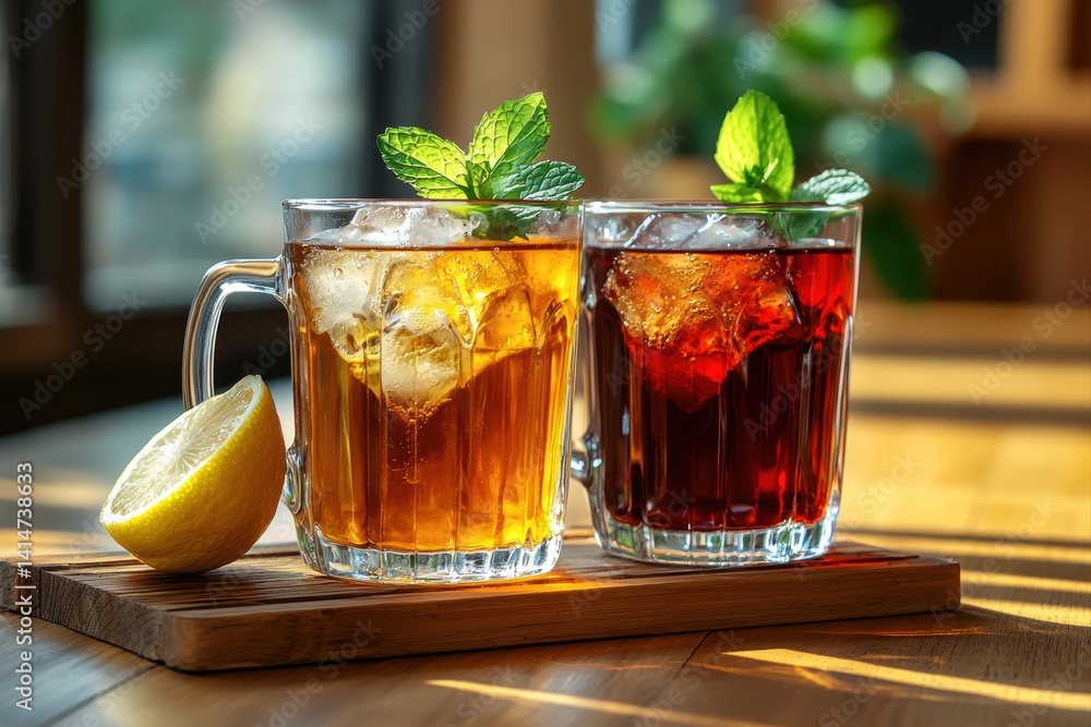 Iced tea served in amber and ruby red mugs on a wooden board in caf