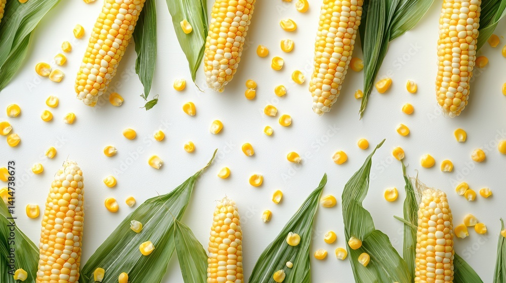 Fresh corn cobs arranged on white background with vibrant yellow kernels