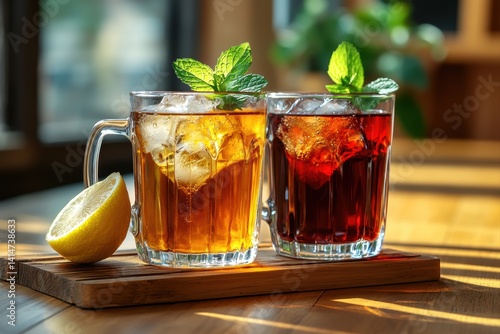Obraz na płótnie Iced tea served in amber and ruby red mugs on a wooden board in caf w salonie