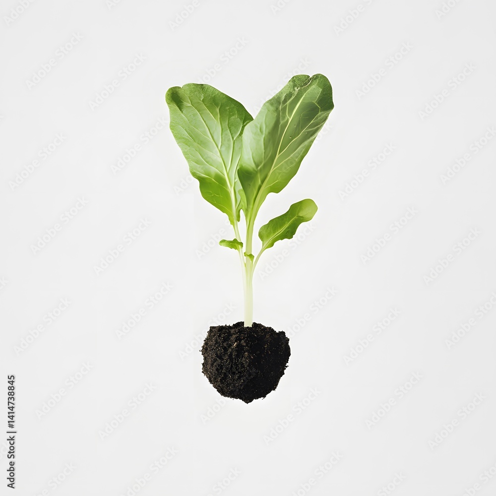 Single leafy green sprout growing from soil, isolated in minimalist floating position against white background, captured to express natural growth, renewal, and organic life from earth.