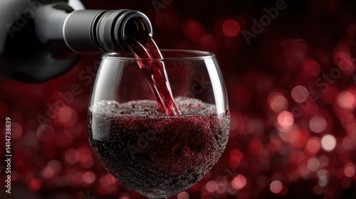 Obraz na płótnie Red wine poured into glass against textured red bokeh for wine day w salonie