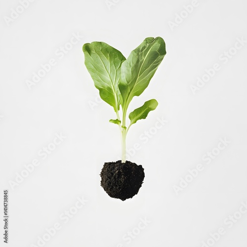 Obraz na płótnie Single leafy green sprout growing from soil, isolated in minimalist floating position against white background, captured to express natural growth, renewal, and organic life from earth. w salonie
