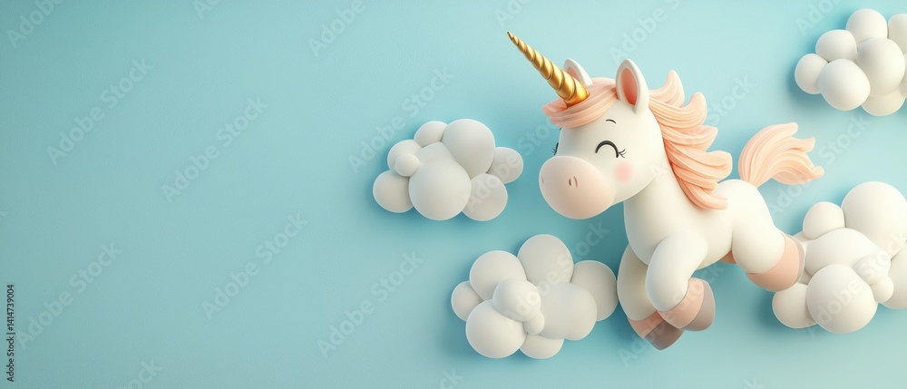 Baby unicorn prancing among fluffy clouds in a bright blue sky