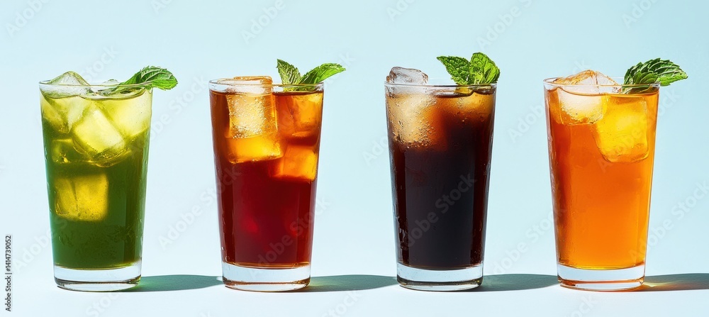 Iced tea varieties displayed in clear glasses against light blue