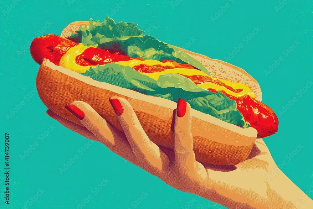 Vibrant hot dog illustration with hand and bold teal background