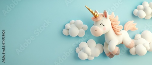 Obraz na płótnie Baby unicorn prancing among fluffy clouds in a bright blue sky w salonie