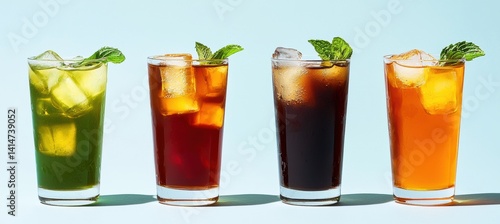 Obraz na płótnie Iced tea varieties displayed in clear glasses against light blue w salonie