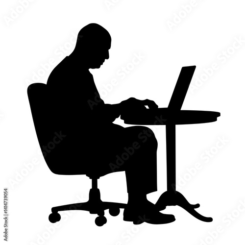 Silhouette of elderly man reading online at desk, digital engagement