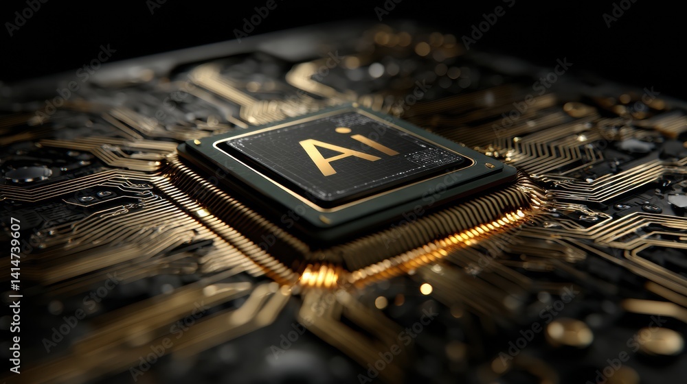 Elegant octagonal microchip with gold ai design on dark background