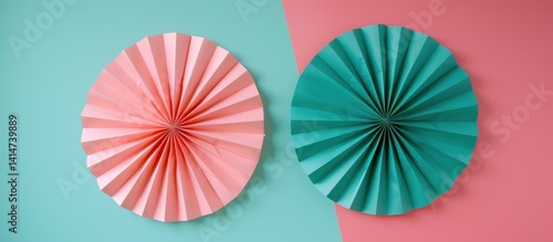Pastel Paper Fan Duo on Harmonious Two-Tone Backdrops Displaying Minimalist Aesthetics