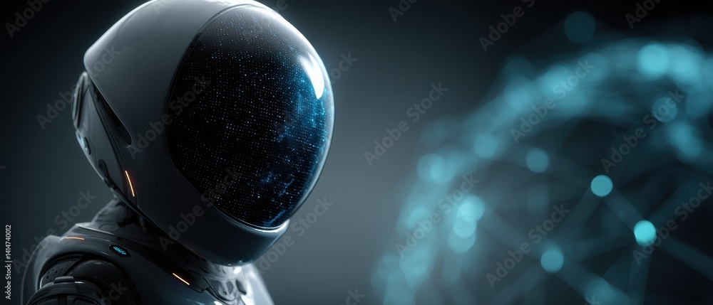Futuristic robot head in a dynamic blue energy field visualization